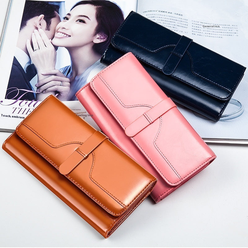 Pure Leather Tri Fold Women's Wallet Long Buckle Genuine Leather