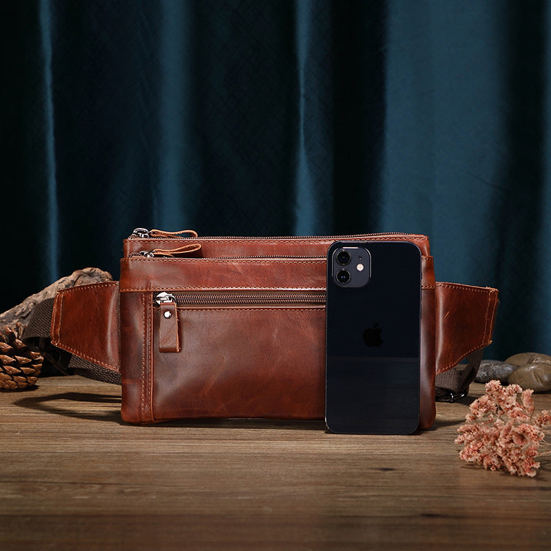 Men's Outdoor Work First Layer Cowhide Large Capacity Waterproof Waist Bag