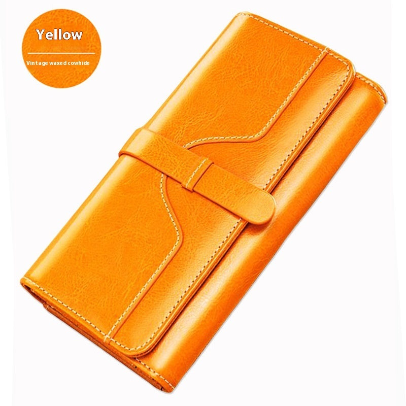 Pure Leather Tri Fold Women's Wallet Long Buckle Genuine Leather