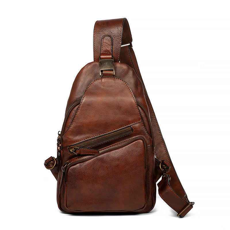 Men's Chest Crossbody Genuine Leather Retro Hand-rubbed Large Capacity Messenger Bag