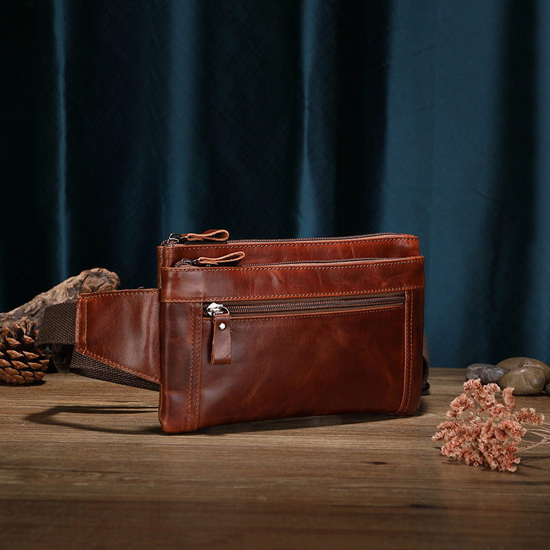 Men's Outdoor Work First Layer Cowhide Large Capacity Waterproof Waist Bag