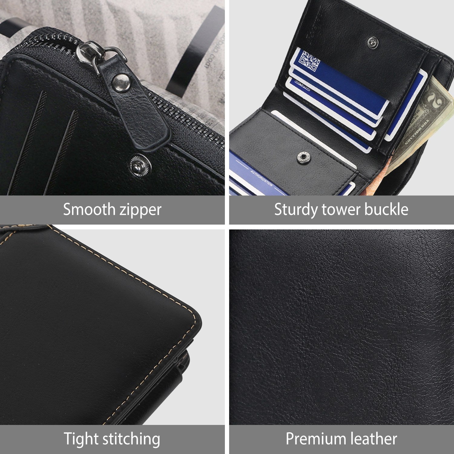 1Pc Men Leather Wallet ID Card Holder Purse Trifold Clutch Money Zipper With ID Window 14 Credit Card 1 ID Card