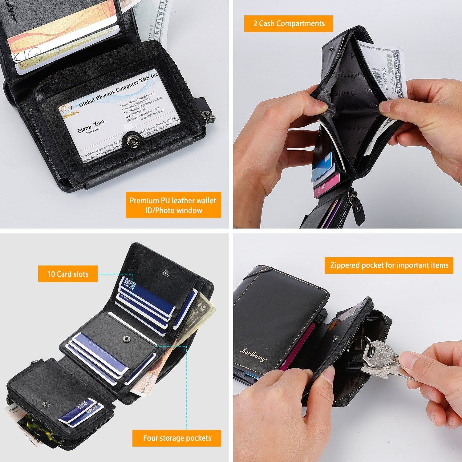 1Pc Men Leather Wallet ID Card Holder Purse Trifold Clutch Money Zipper With ID Window 14 Credit Card 1 ID Card