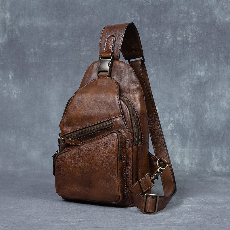 Men's Chest Crossbody Genuine Leather Retro Hand-rubbed Large Capacity Messenger Bag