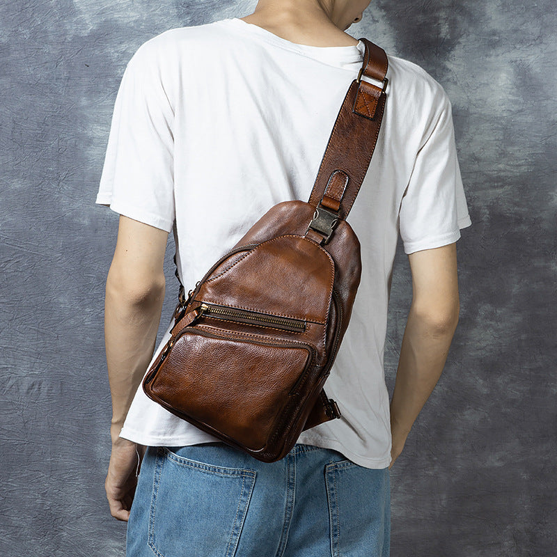 Men's Chest Crossbody Genuine Leather Retro Hand-rubbed Large Capacity Messenger Bag