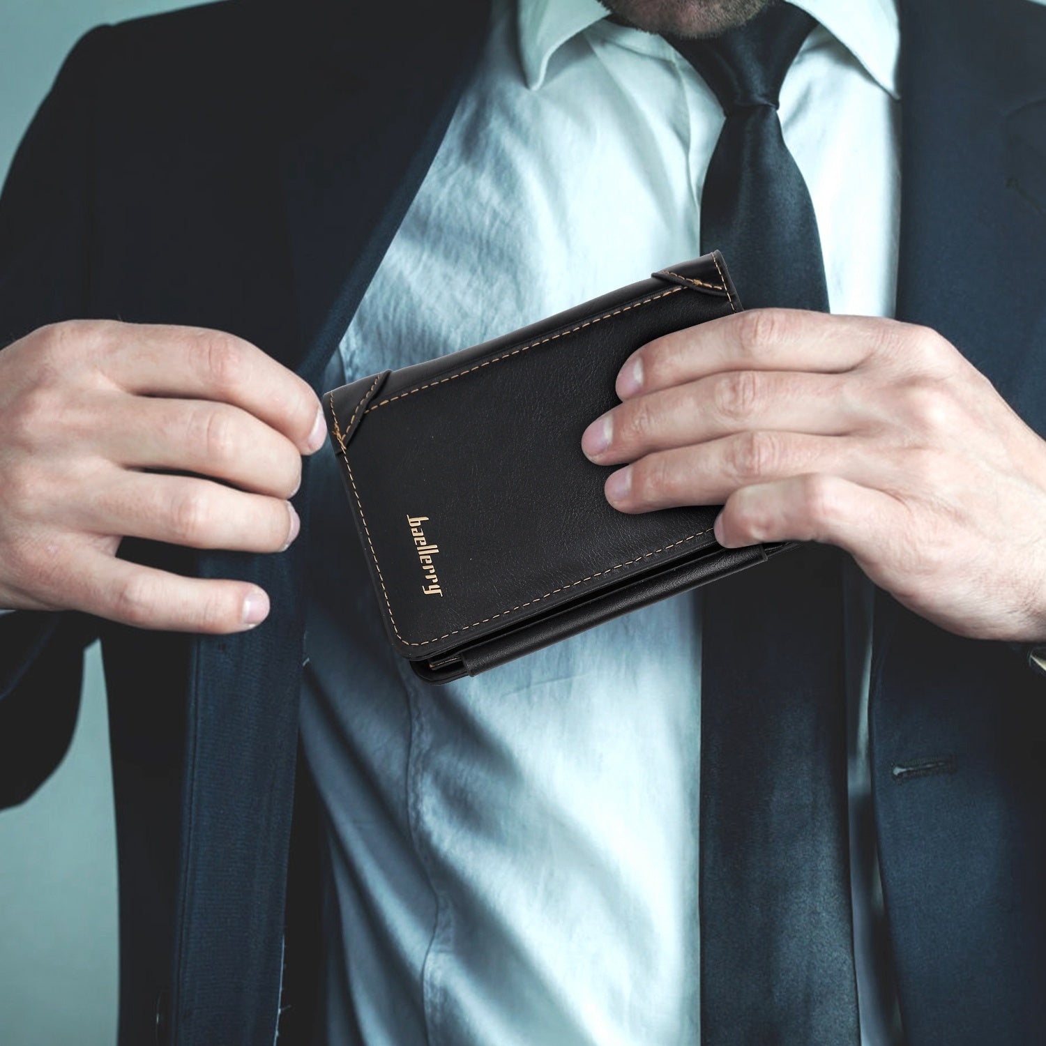 1Pc Men Leather Wallet ID Card Holder Purse Trifold Clutch Money Zipper With ID Window 14 Credit Card 1 ID Card