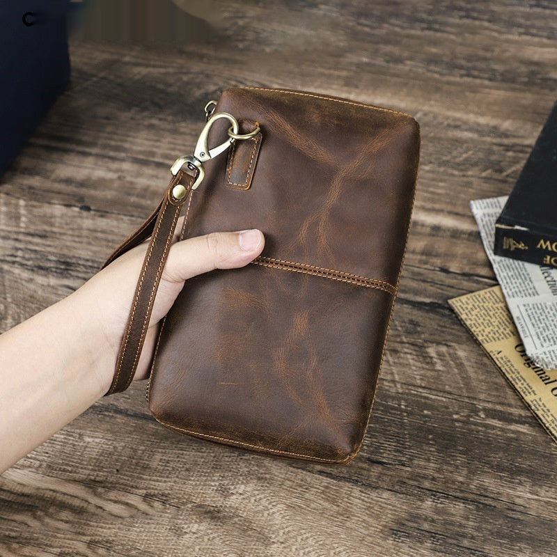 Vintage Brown Crazy Horse Leather Big Screen Mobile Phone Bag