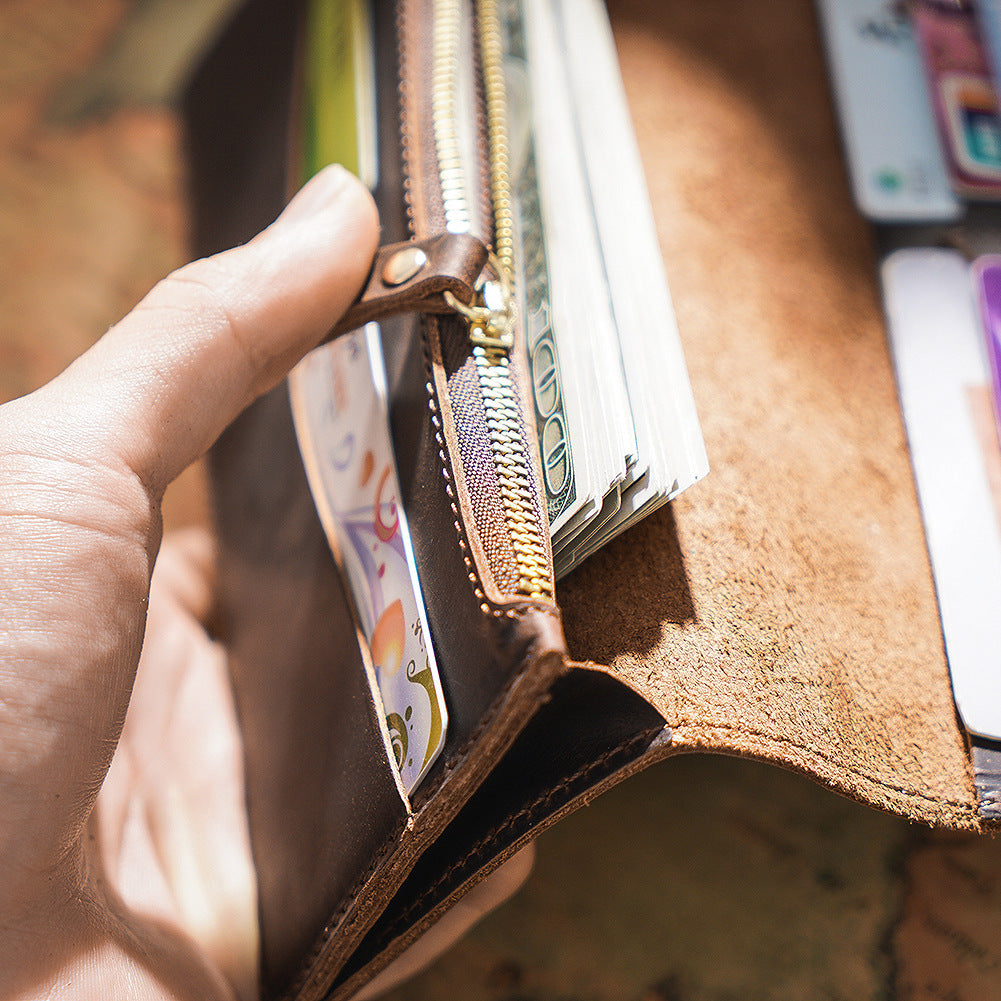 Retro Crazy Horse Leather Long Wallet Men's Genuine Leather Business