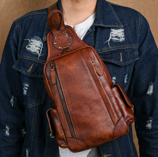 Vintage Men's Chest Crossbody Bag Genuine Leather Man Bag